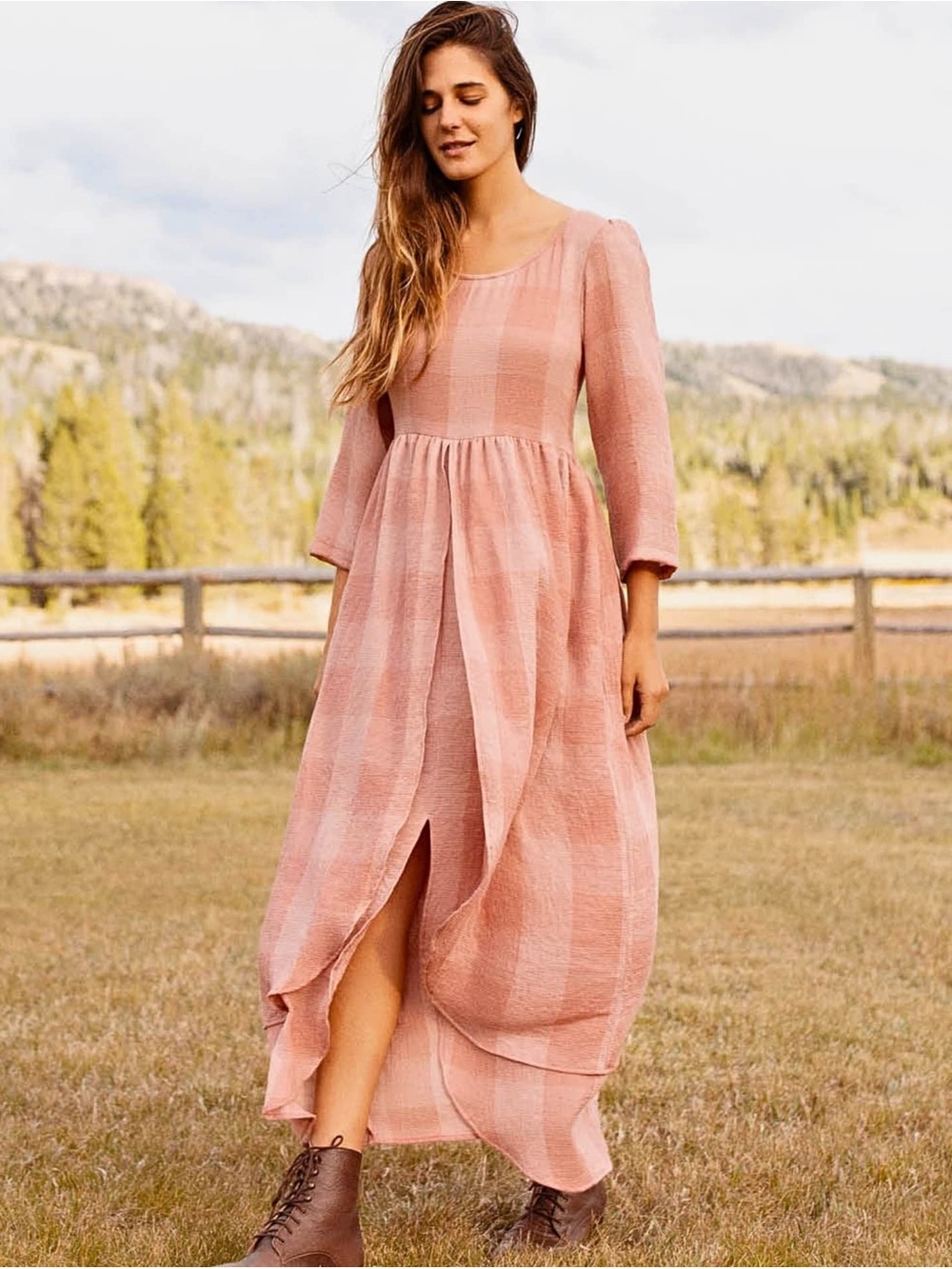 Christy Dawn Amelia Dress in Salmon Washed Check